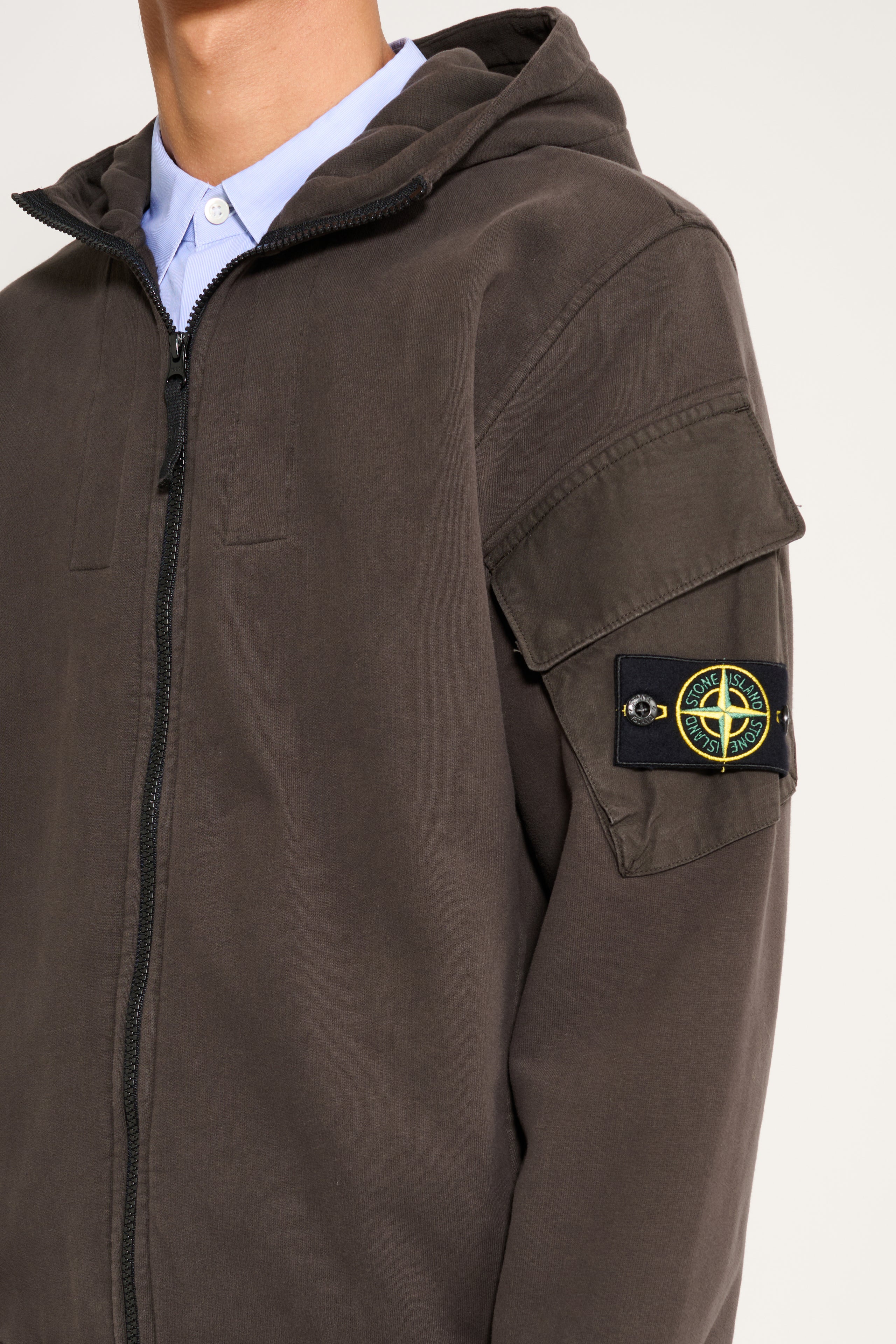 Stone Island Brushed Fleece Zip-Up Hooded Sweatshirt Grey