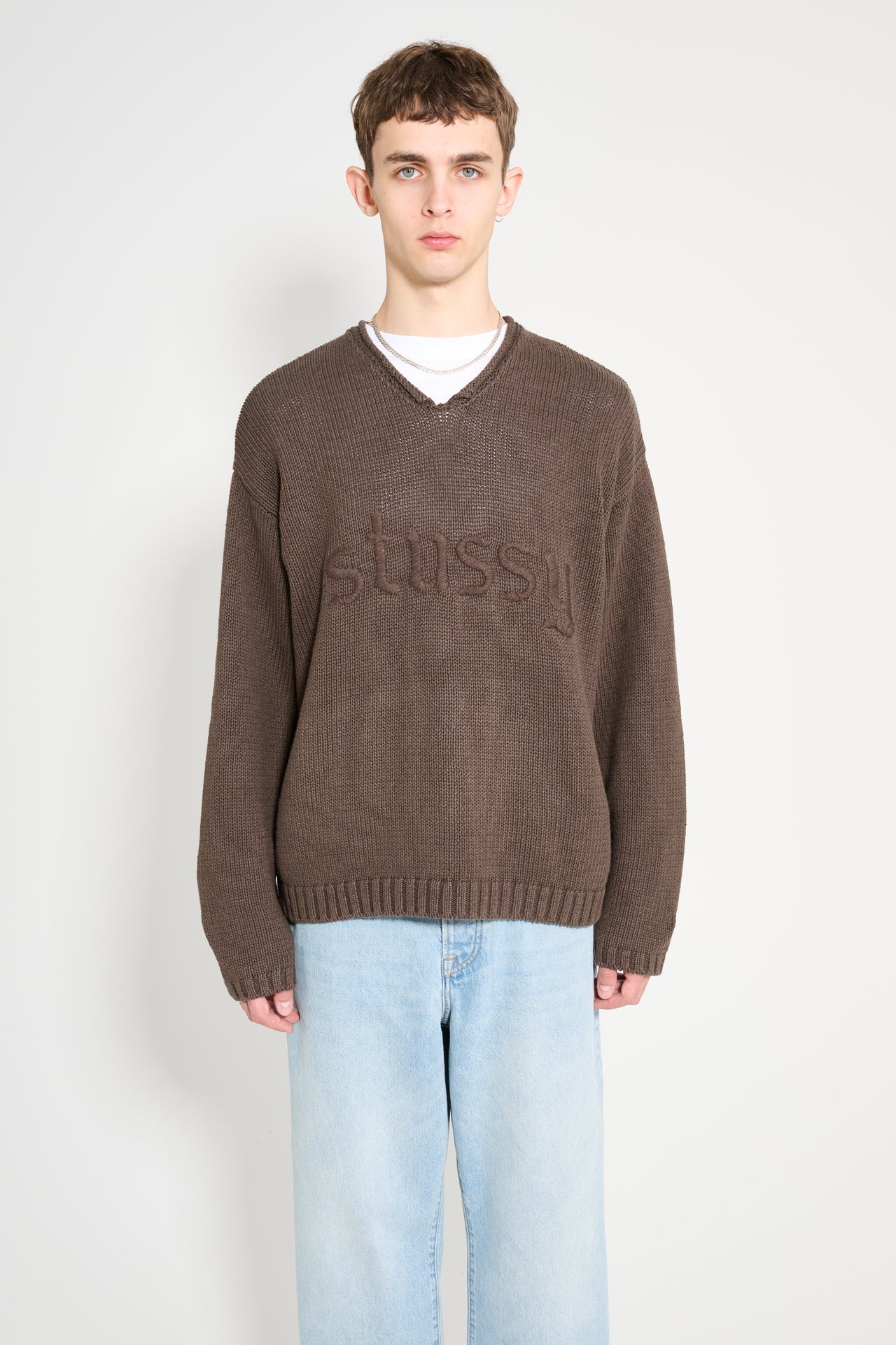 Stüssy Roll V-Neck Logo Sweater Brown