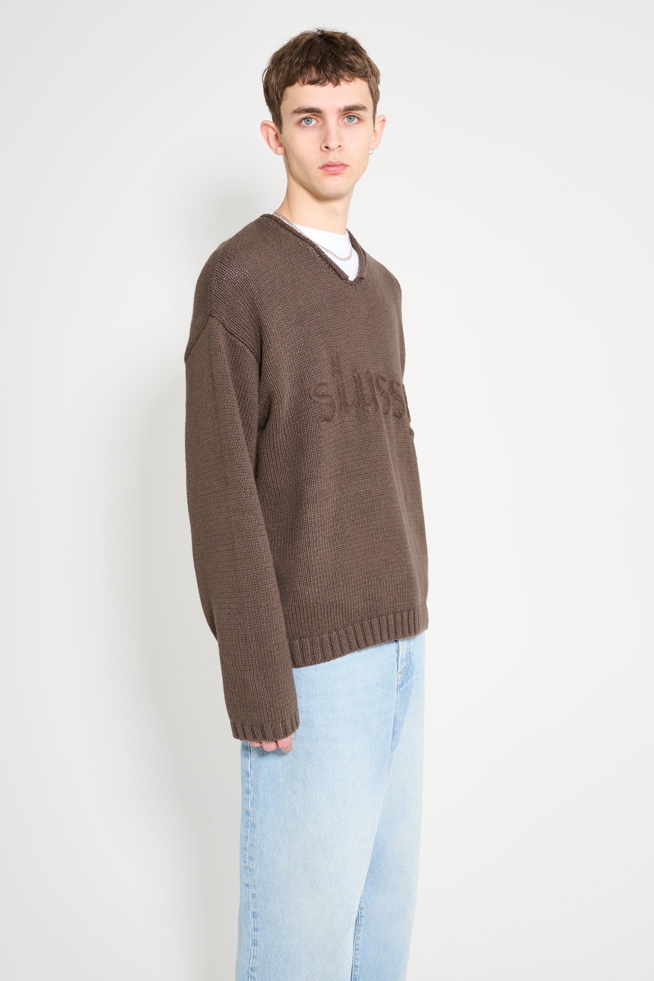 Stüssy Roll V-Neck Logo Sweater Brown