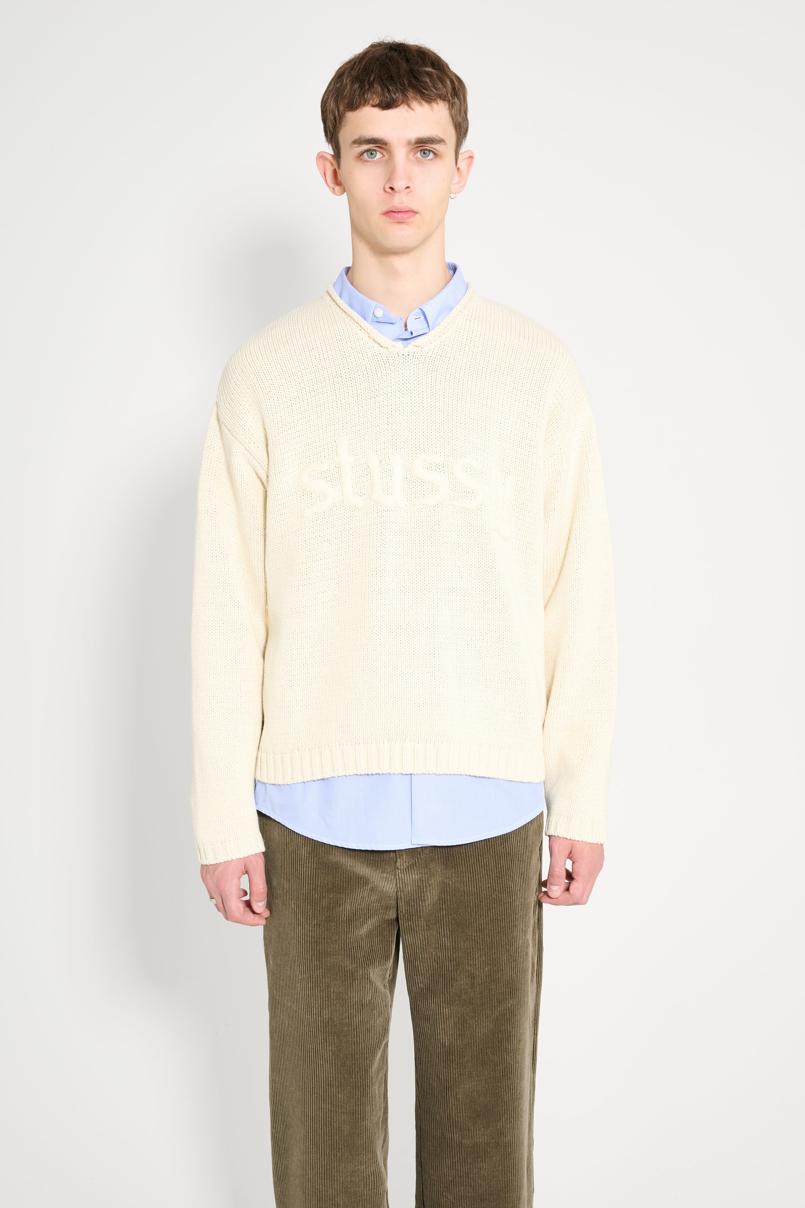 Stüssy Roll V-Neck Logo Sweater Natural