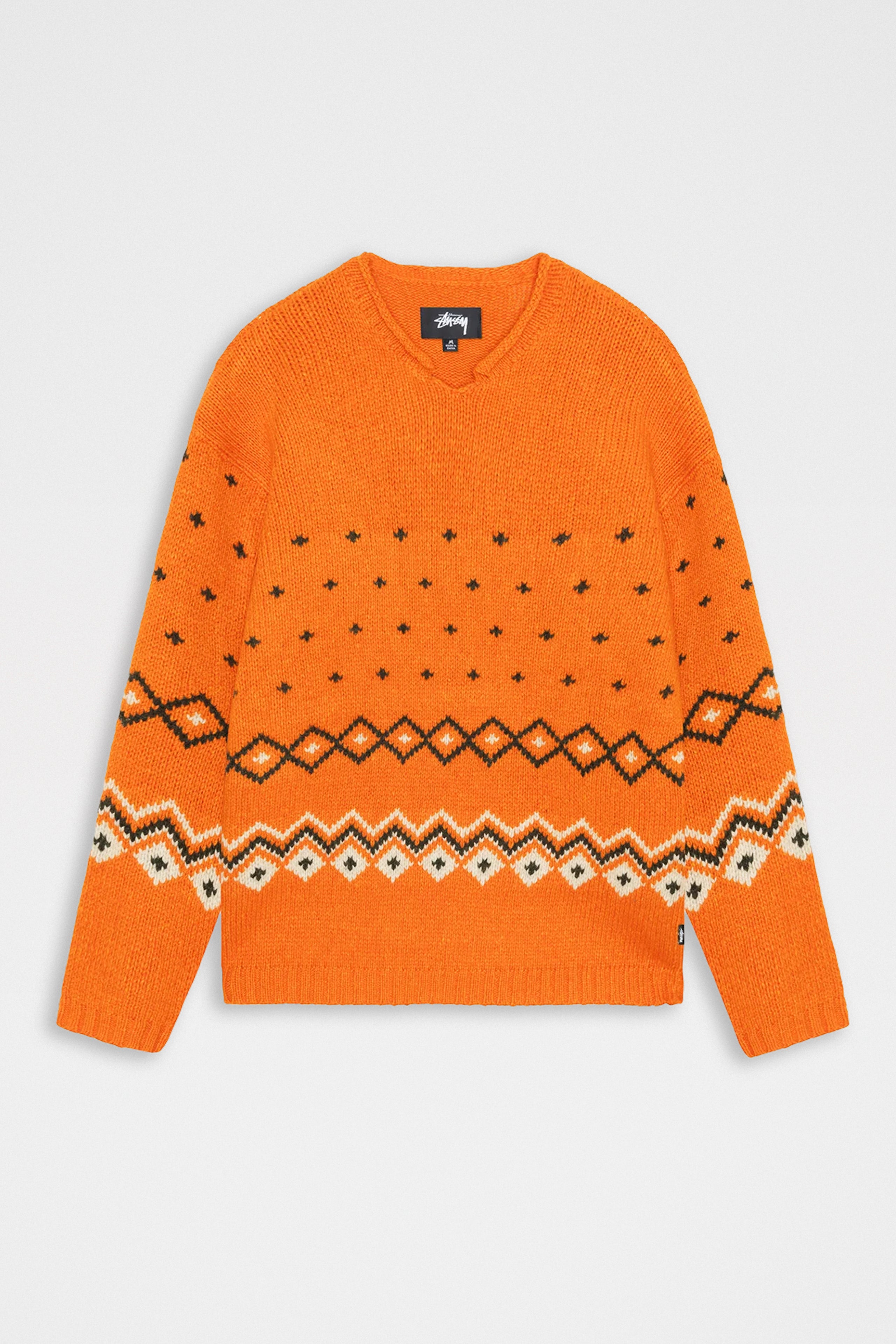 Stüssy Roll V Neck Fairisle Sweater Orange