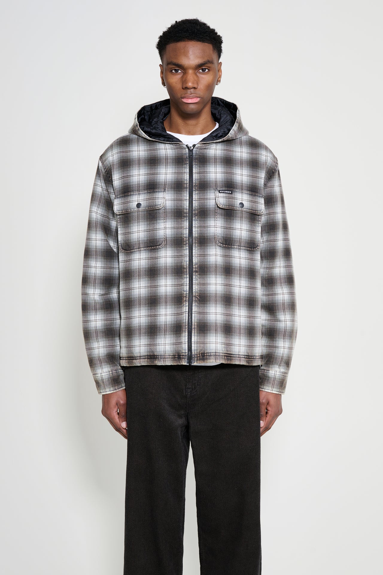 Stüssy Zip Hooded Plaid Shirt Charcoal