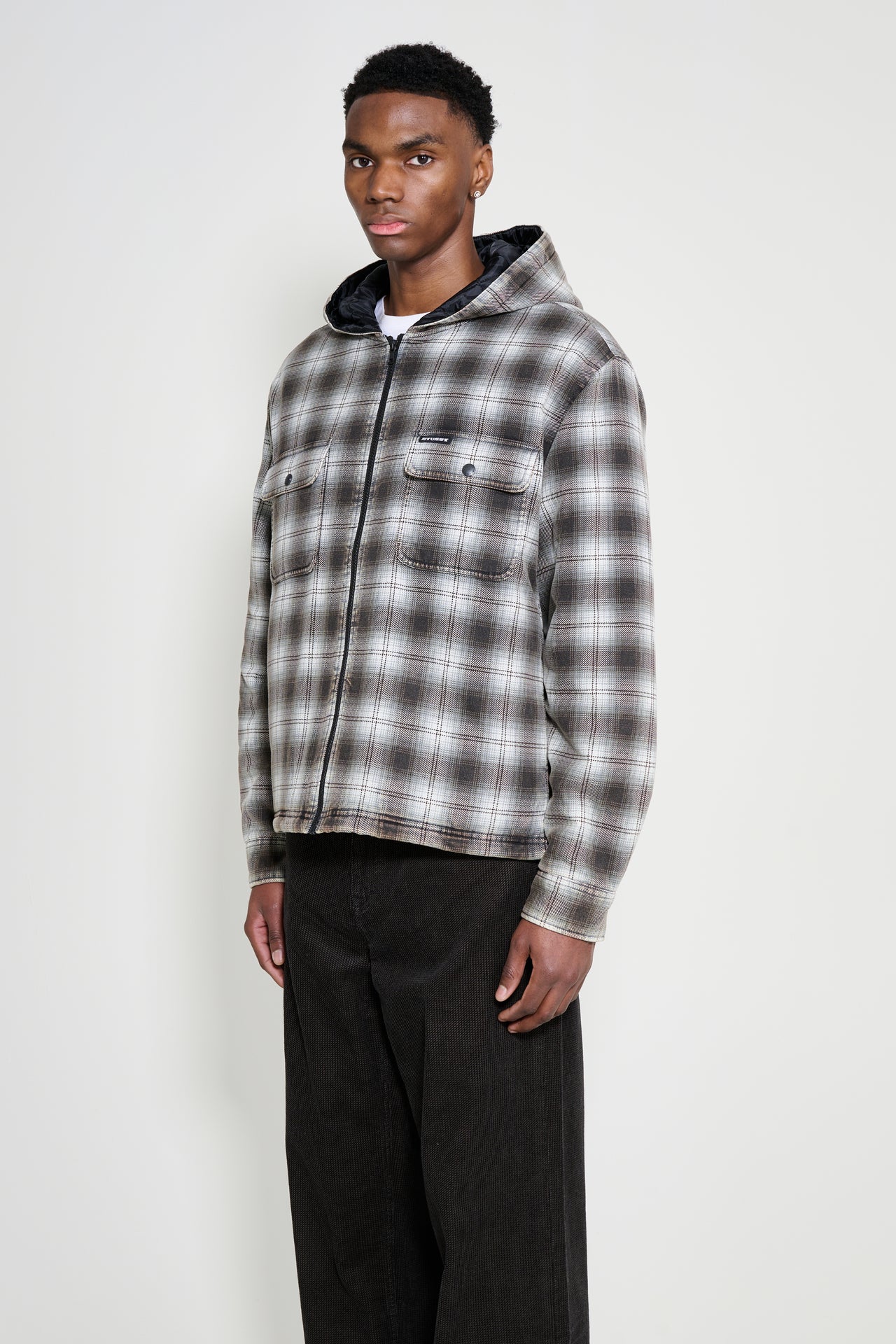 Stüssy Zip Hooded Plaid Shirt Charcoal