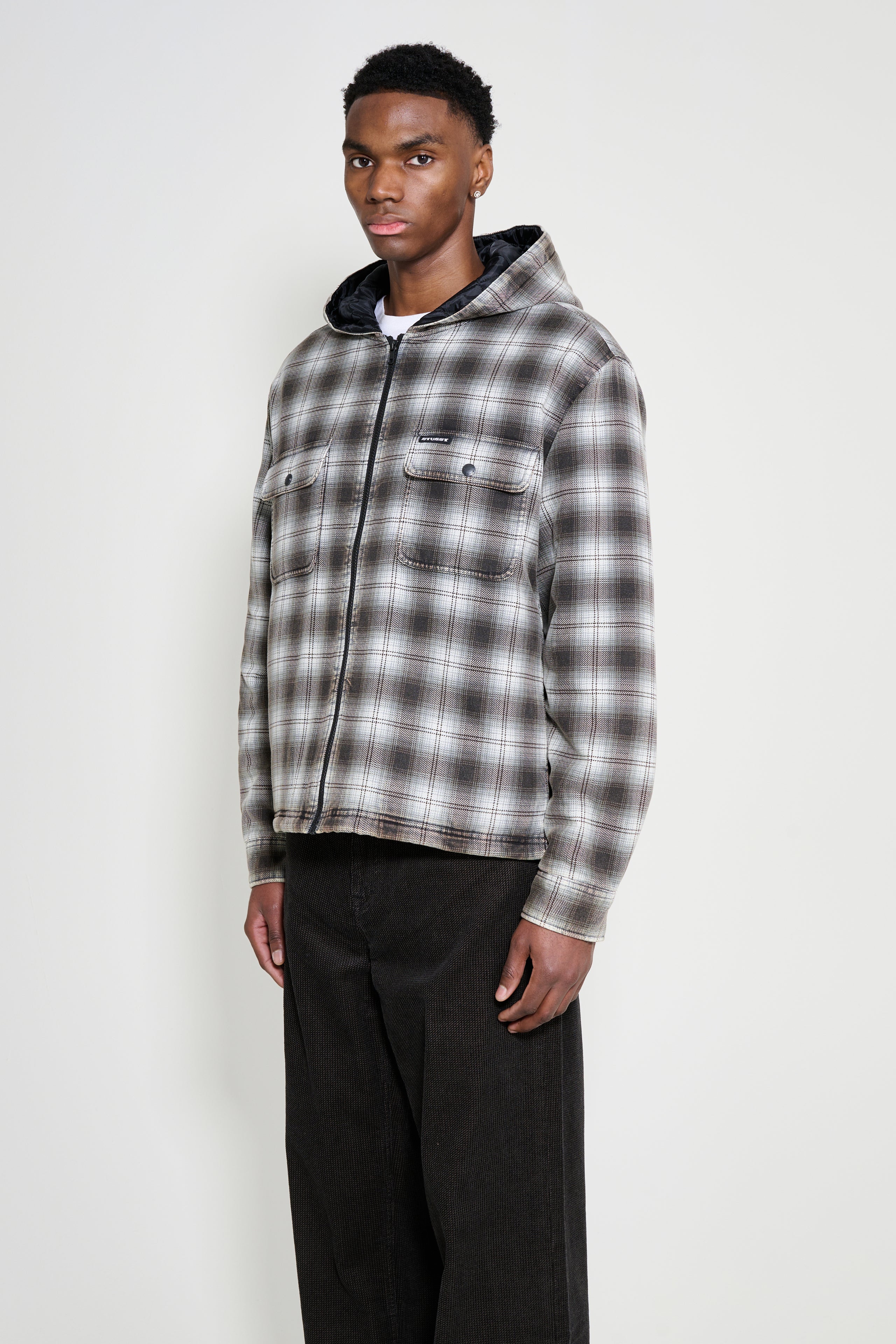 Stüssy Zip Hooded Plaid Shirt Charcoal