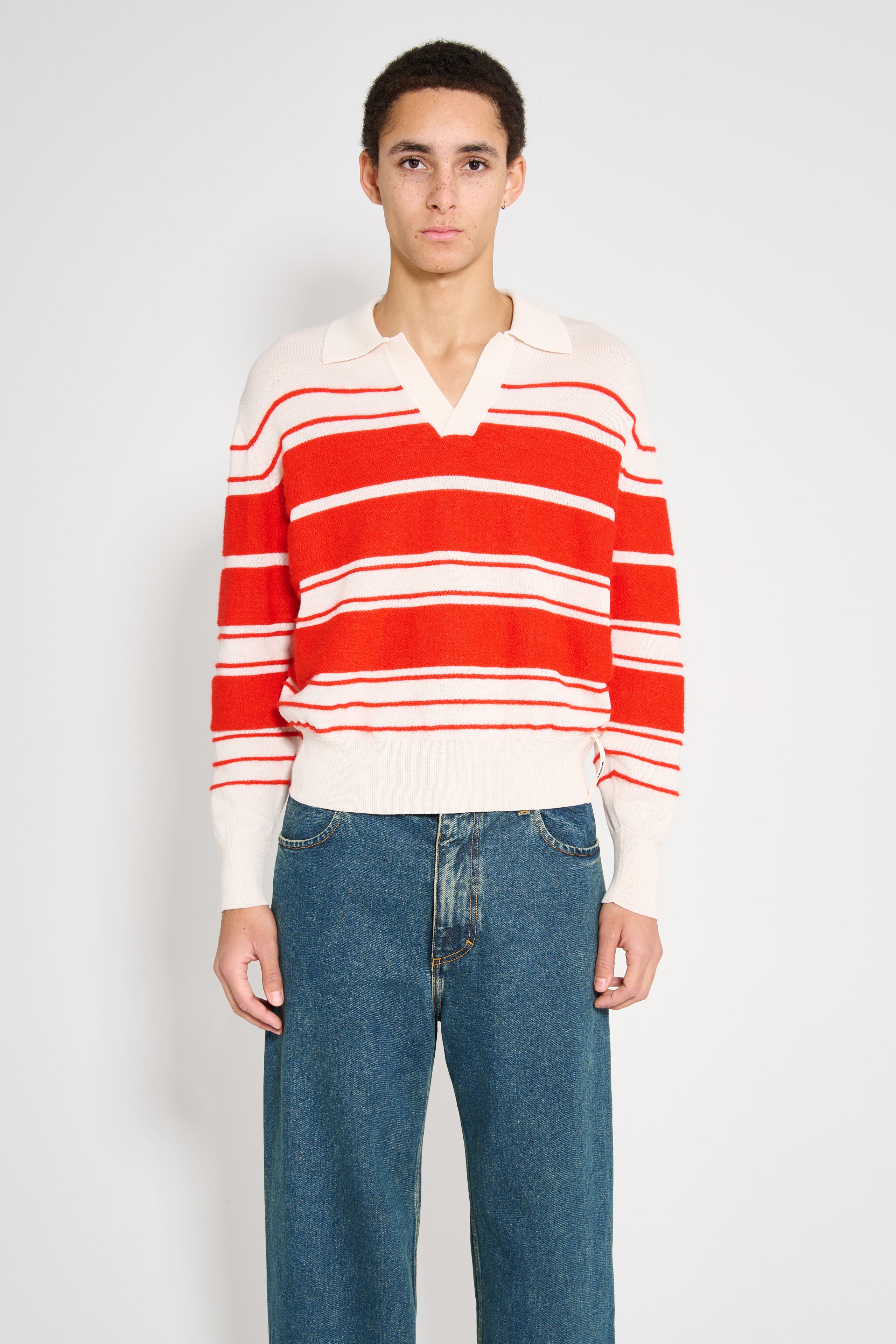 SUNNEI Striped Knit Ls Polo Off White / Acid Red