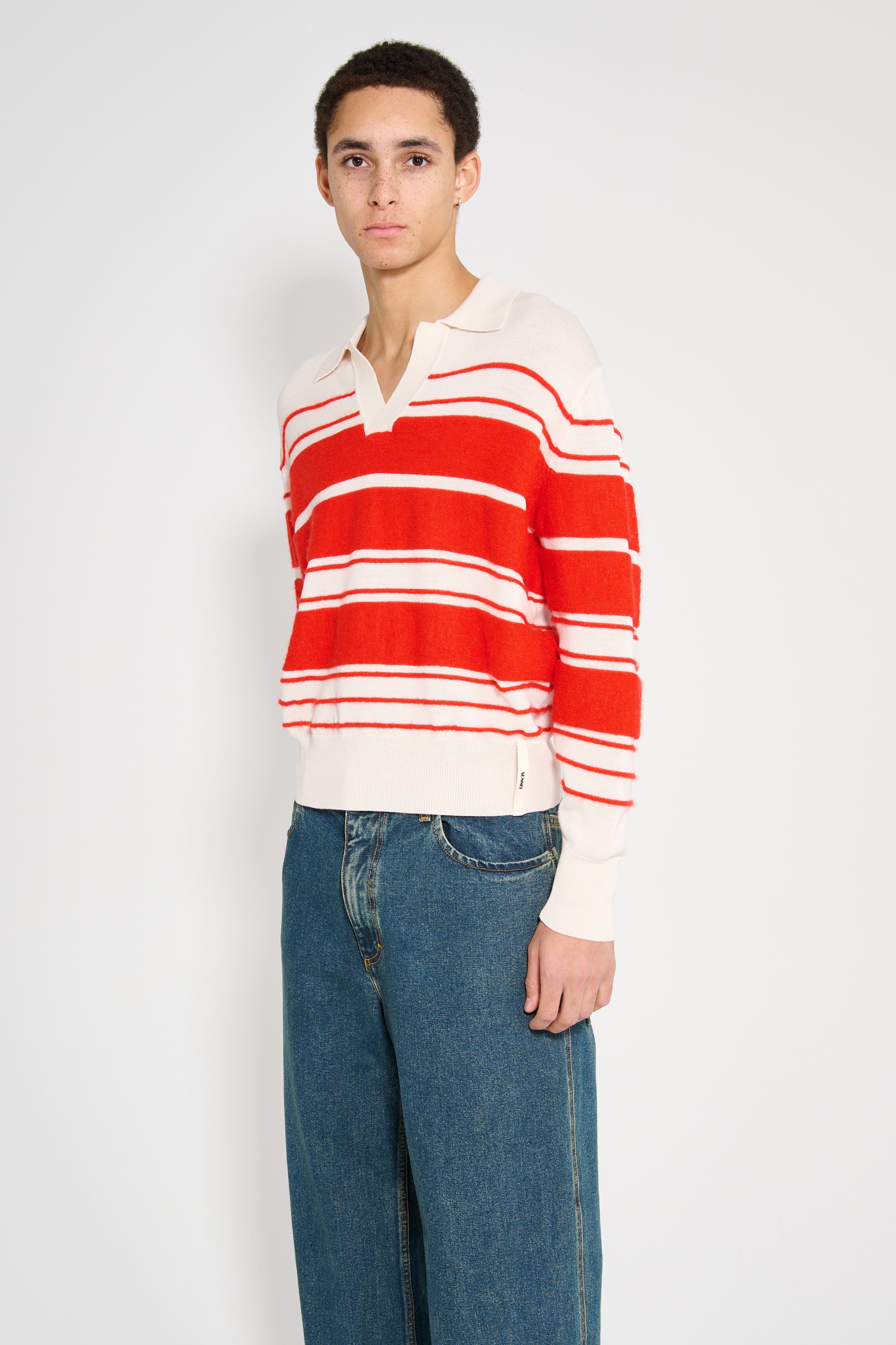 SUNNEI Striped Knit Ls Polo Off White / Acid Red