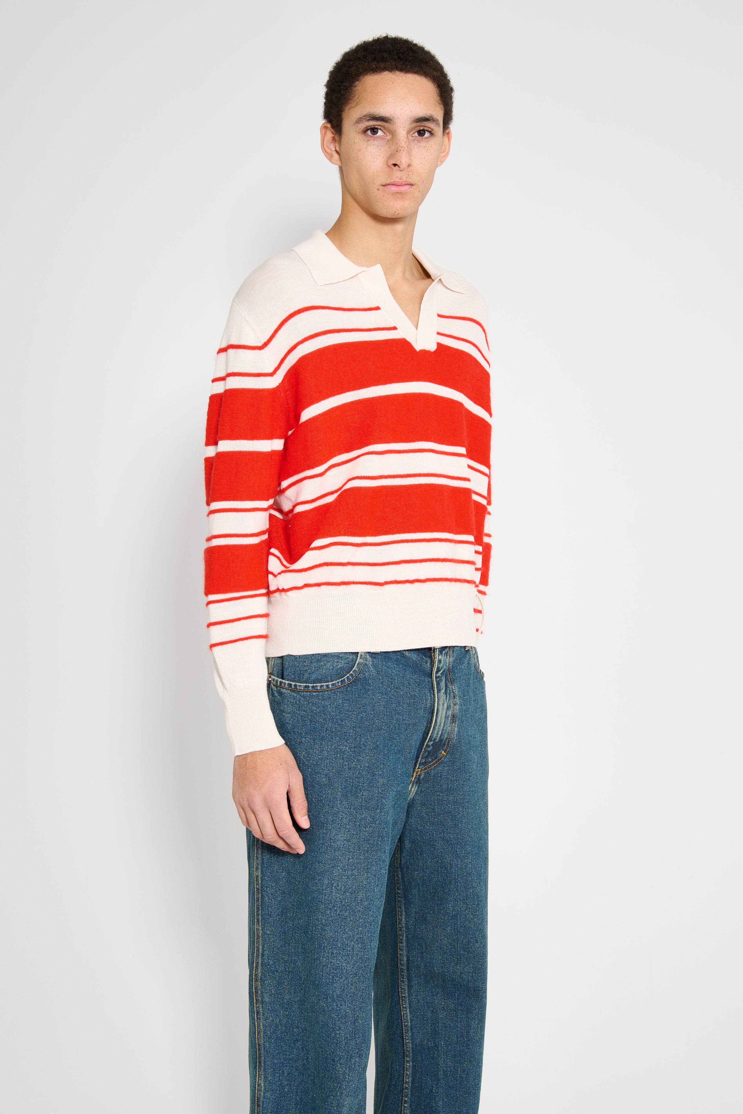 SUNNEI Striped Knit Ls Polo Off White / Acid Red