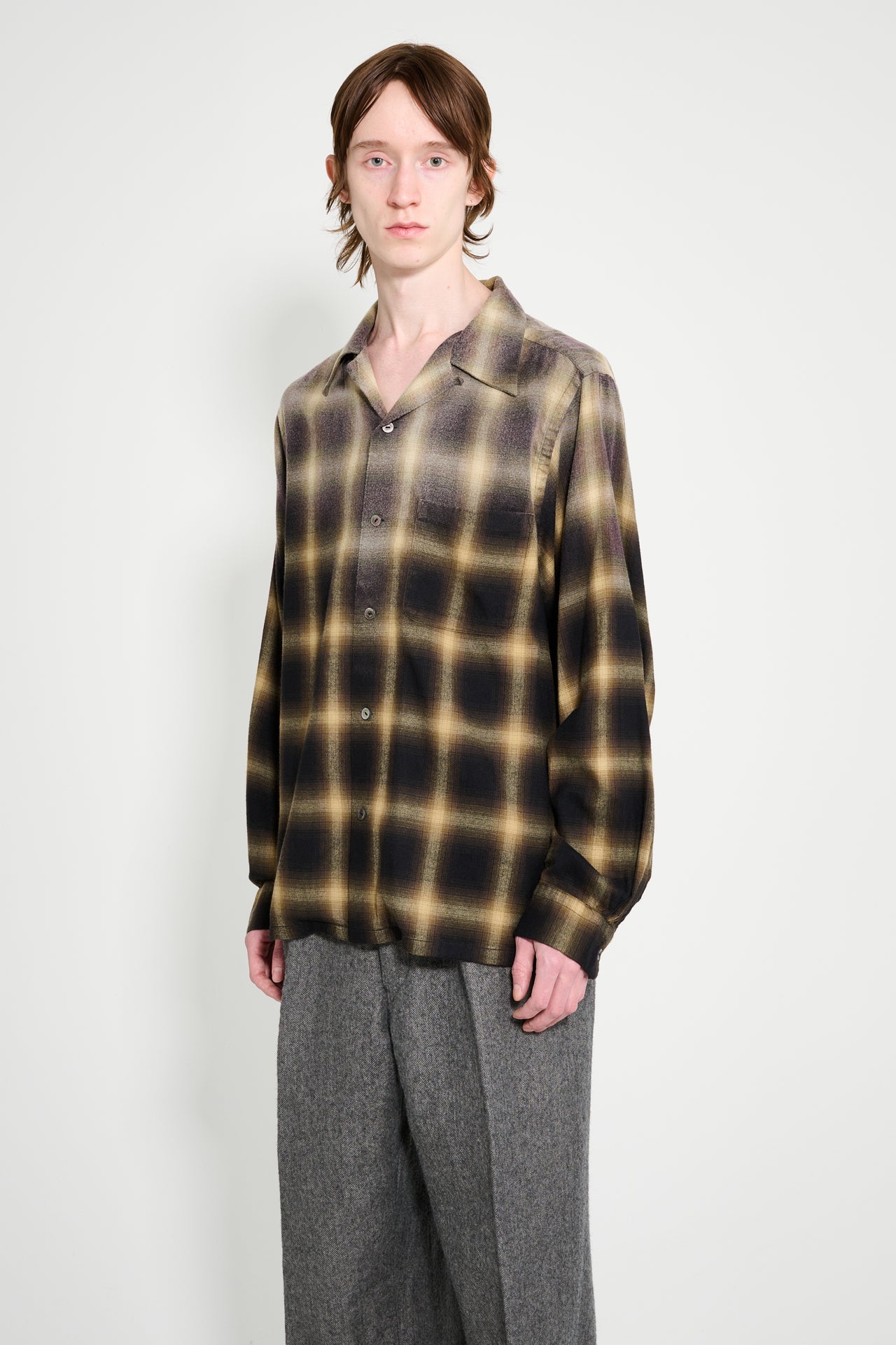 Taiga Takahashi Open Collar Shirt Bleached Beige Plaid