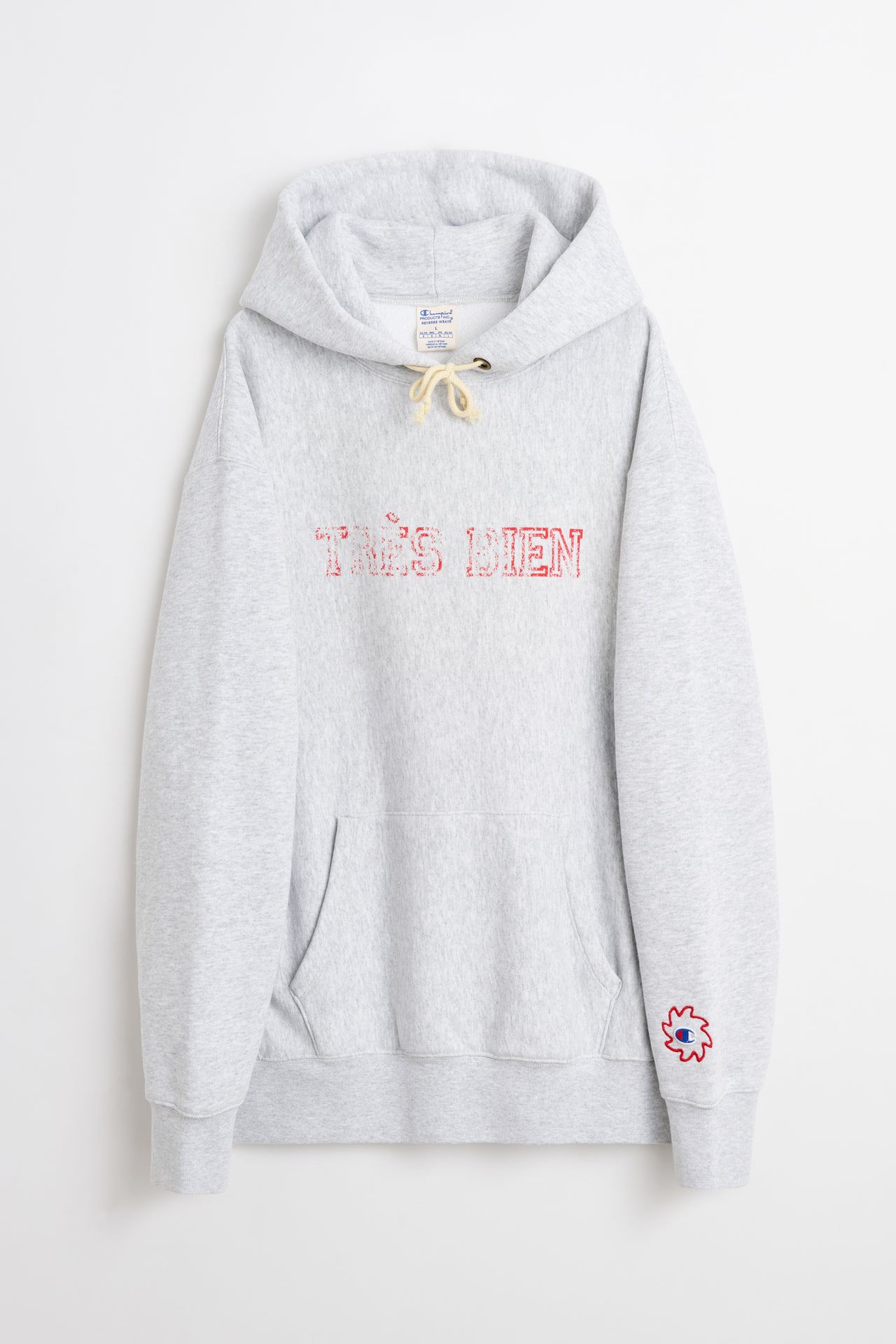 TRÈS BIEN x Champion Reverse Weave Damaged Logo Hood Grey Melange