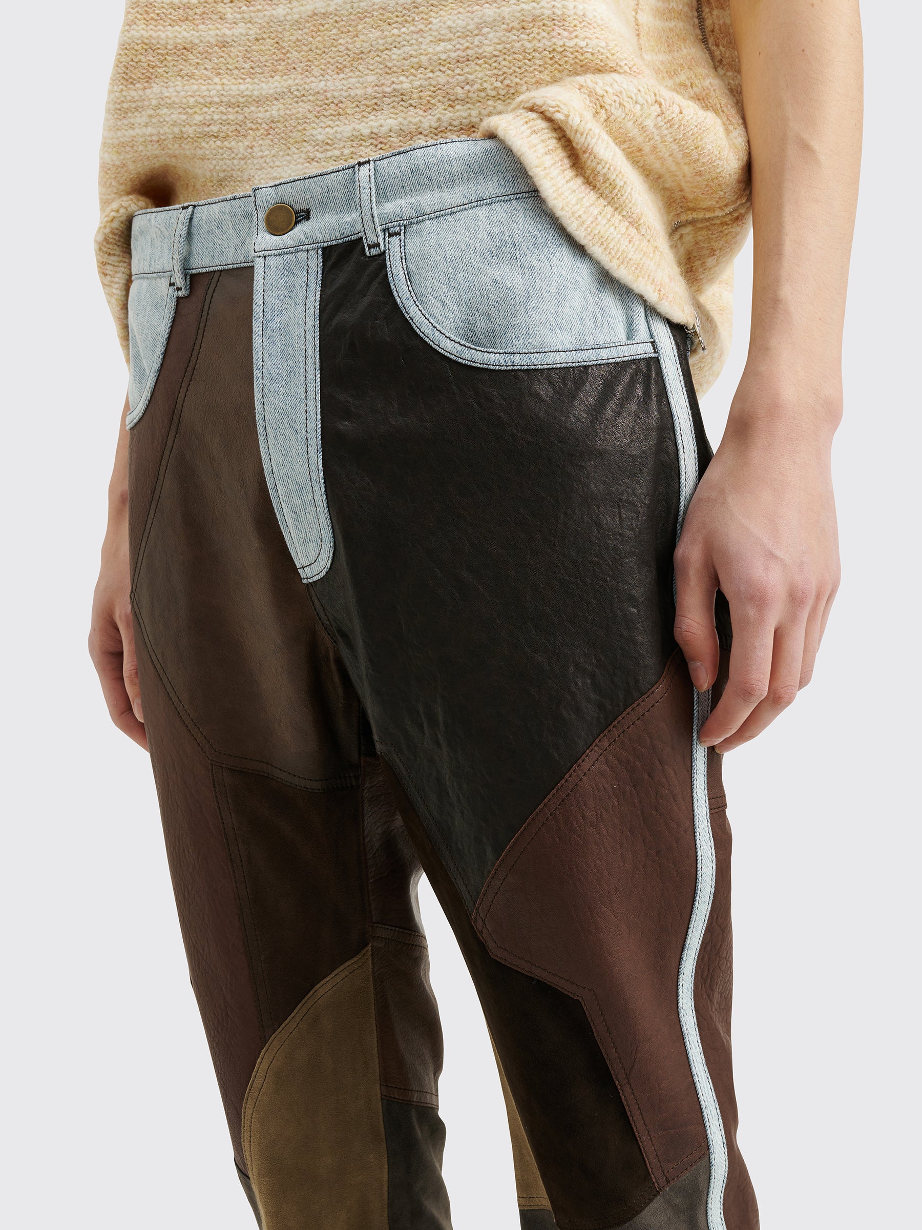 Acne Studios Denim Leather Patchwork Trousers Dark Brown