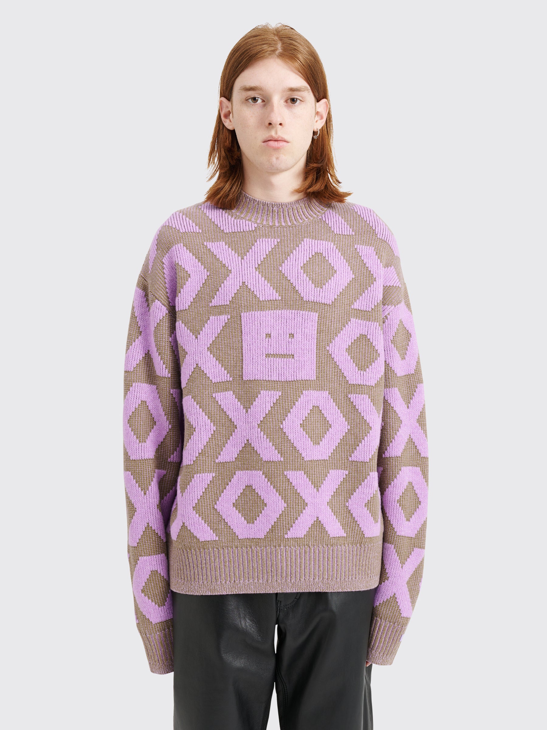 Acne Studios Face Crewneck Knitted Sweater Khaki Beige / Smoky Purple