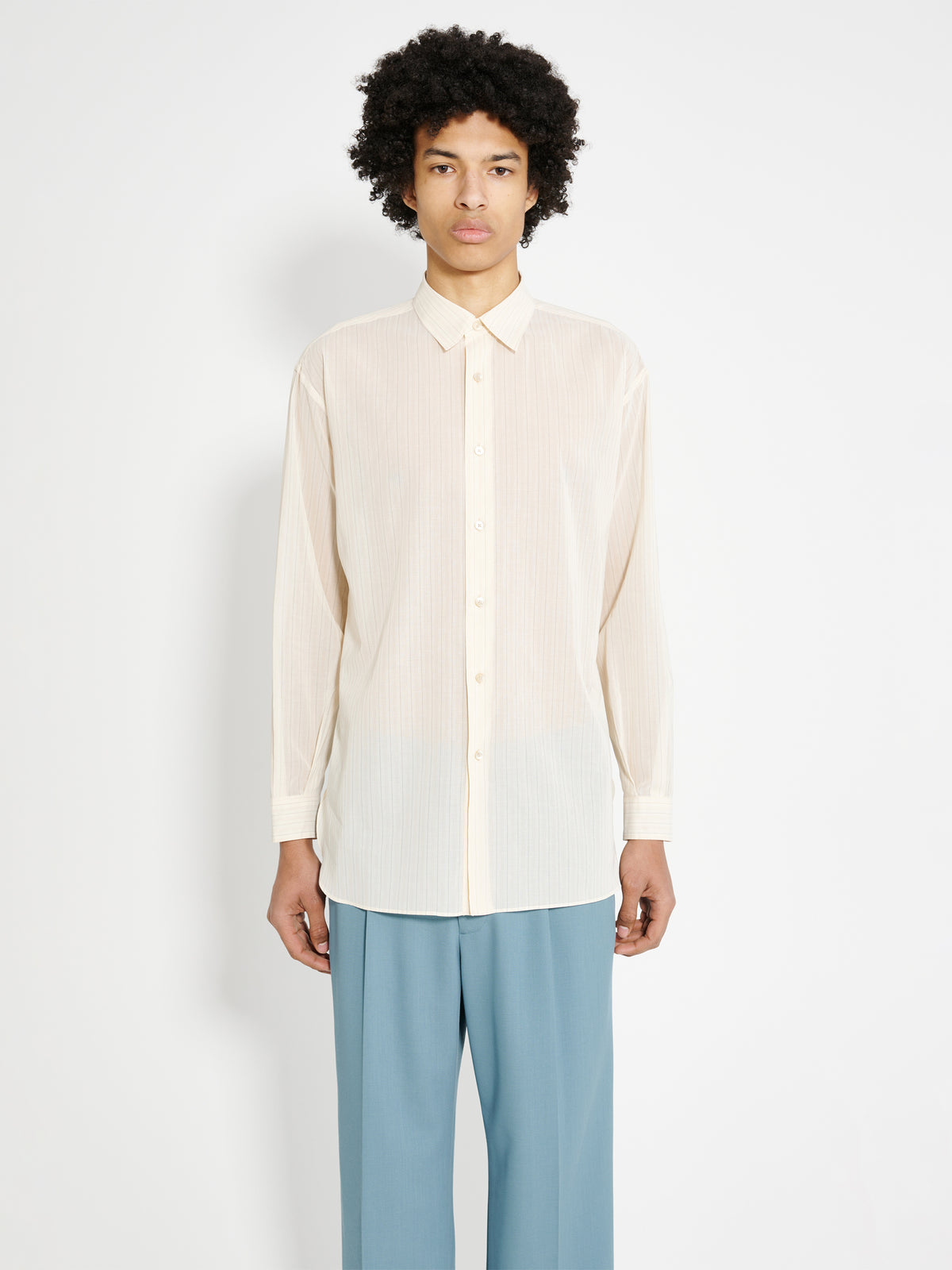 Auralee Hard Twist Finx Organdy Stripe Shirt Light Beige Stripe 