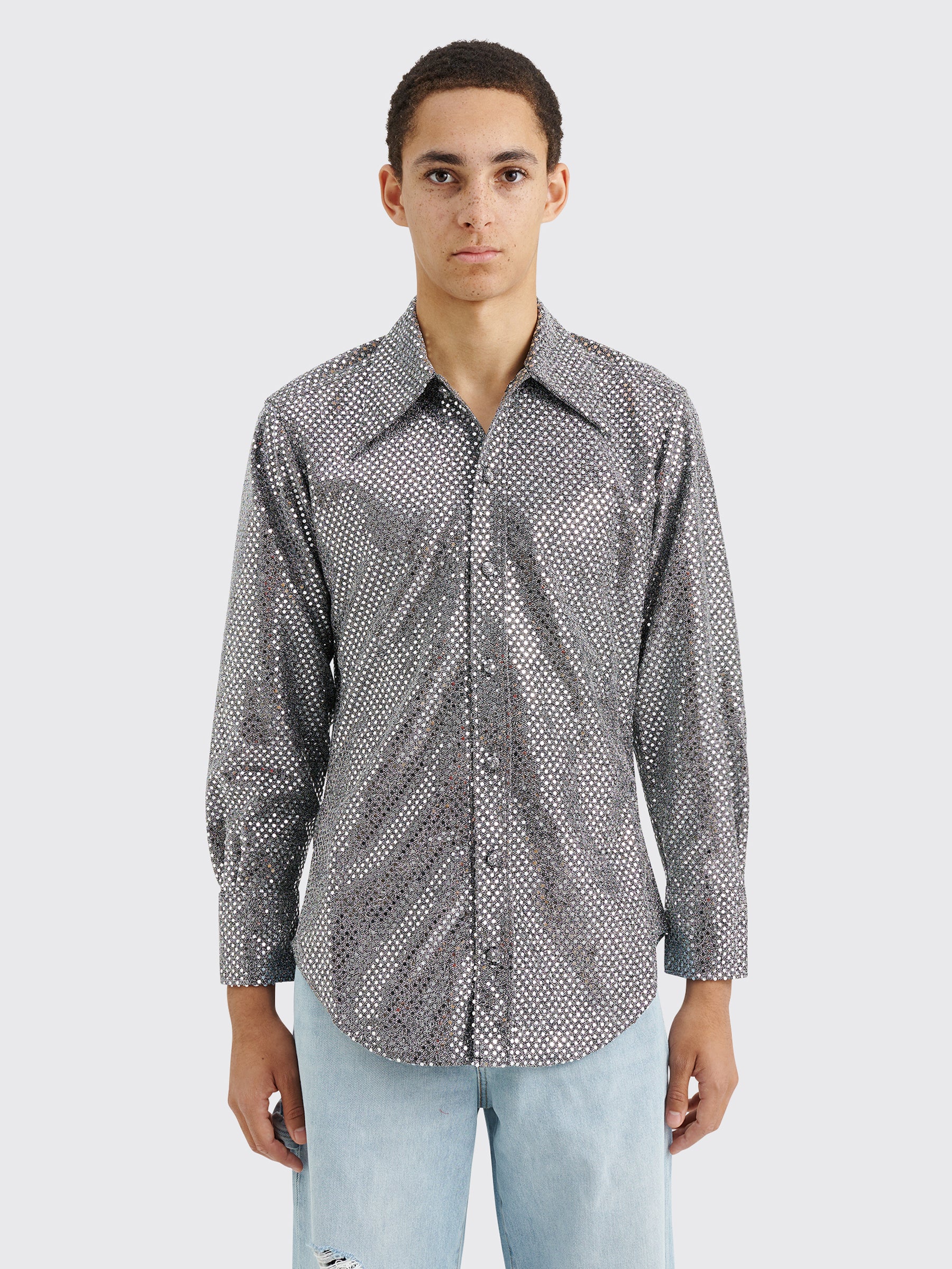 ERL Sequin Button Up Shirt Silver
