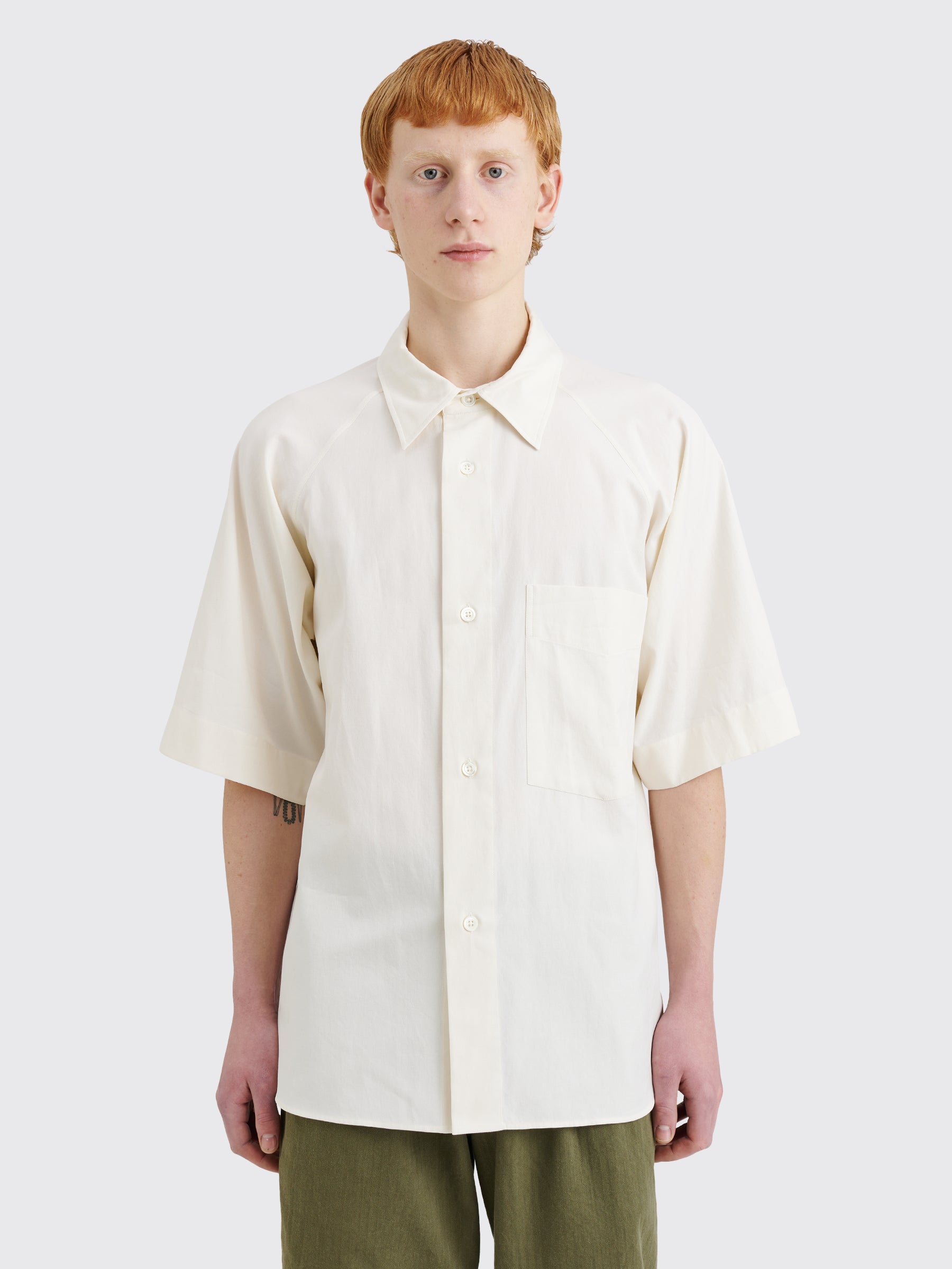 Margaret Howell Short Sleeve Raglan Shirt Light Cotton Twill Off White