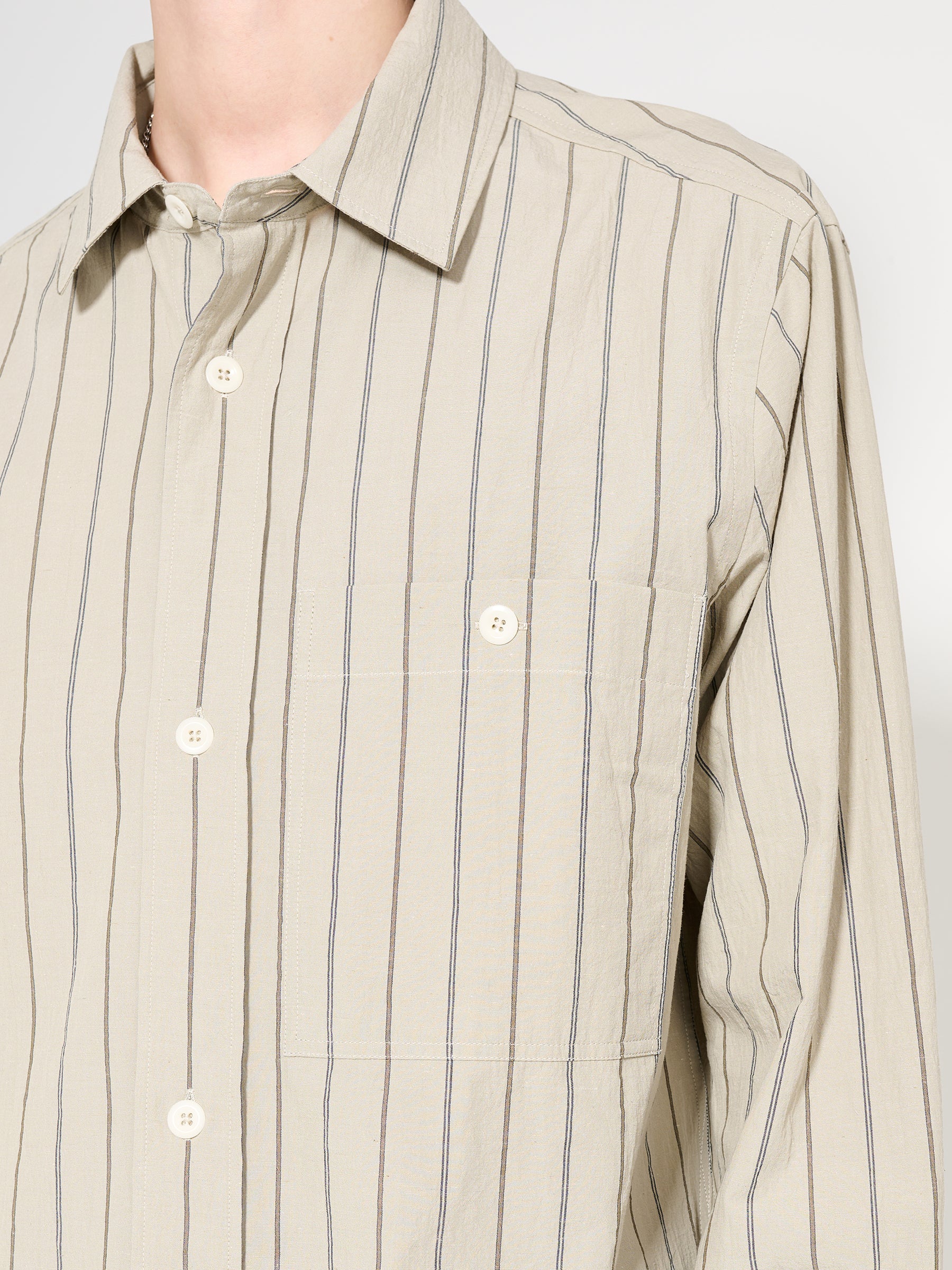 Margaret Howell MHL Overall Shirt Wide Stripe Cotton Linen Stone / Navy / Bark