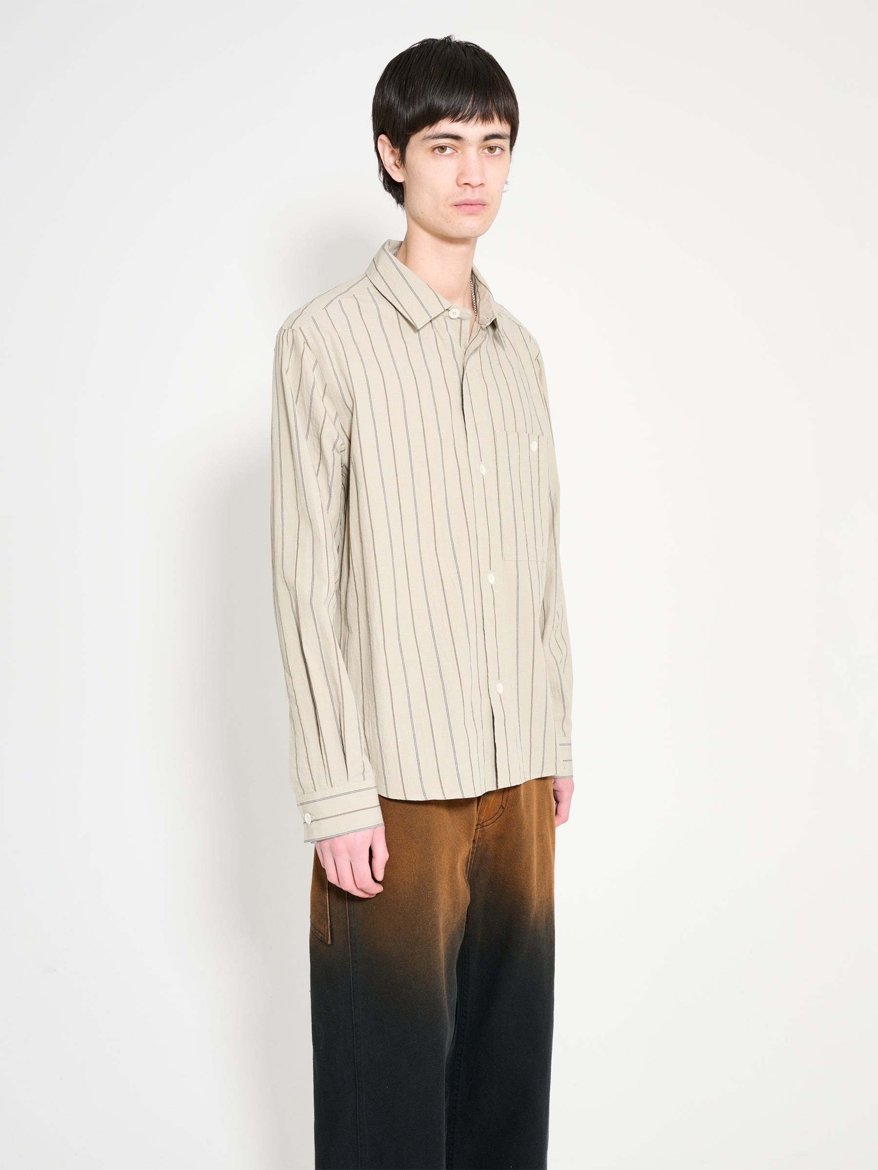 Margaret Howell MHL Overall Shirt Wide Stripe Cotton Linen Stone / Navy / Bark