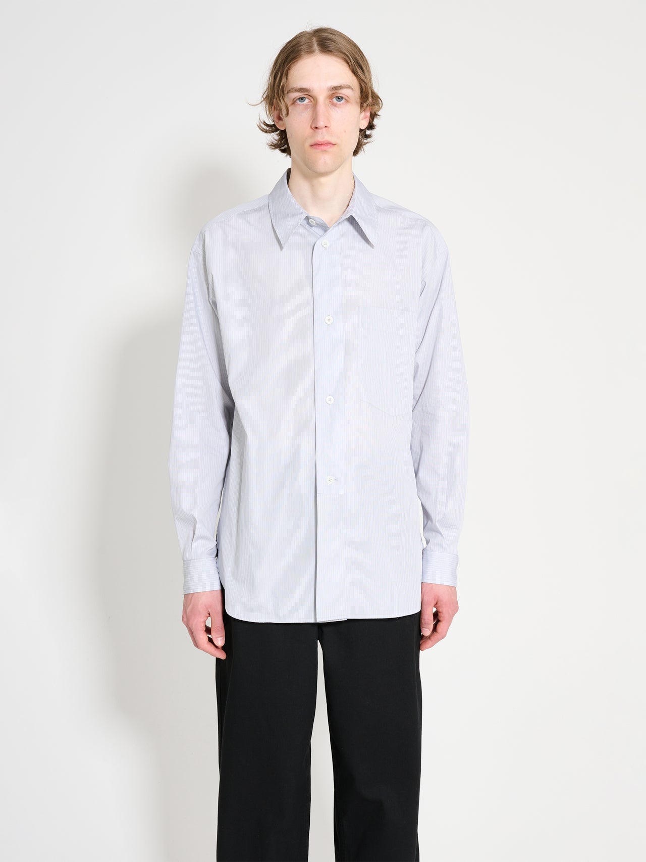 Margaret Howell Half Placket Shirt Fine Stripe Cotton Poplin Grey / White