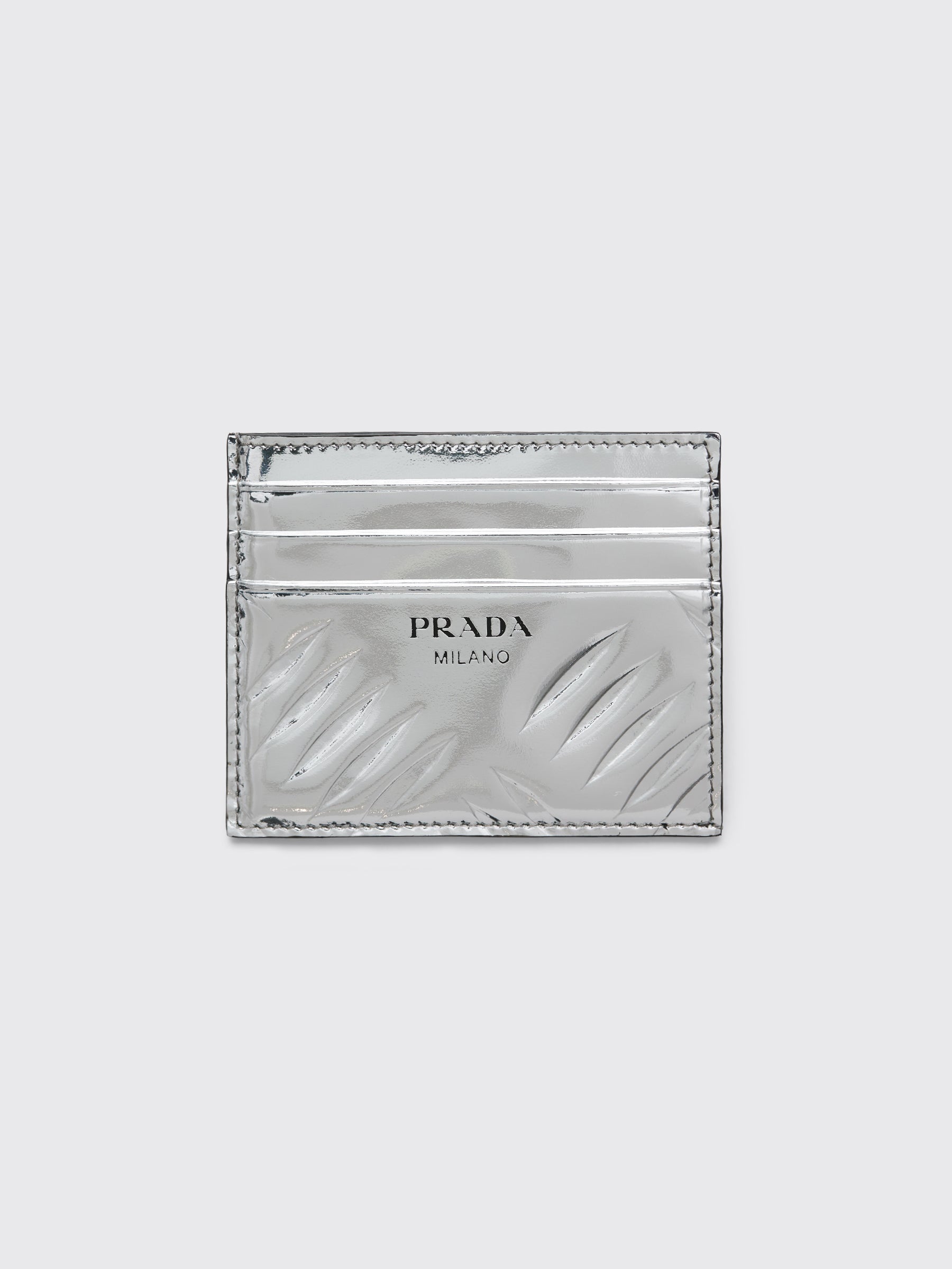 Prada Brushed Leather Logo Card Holder Silver