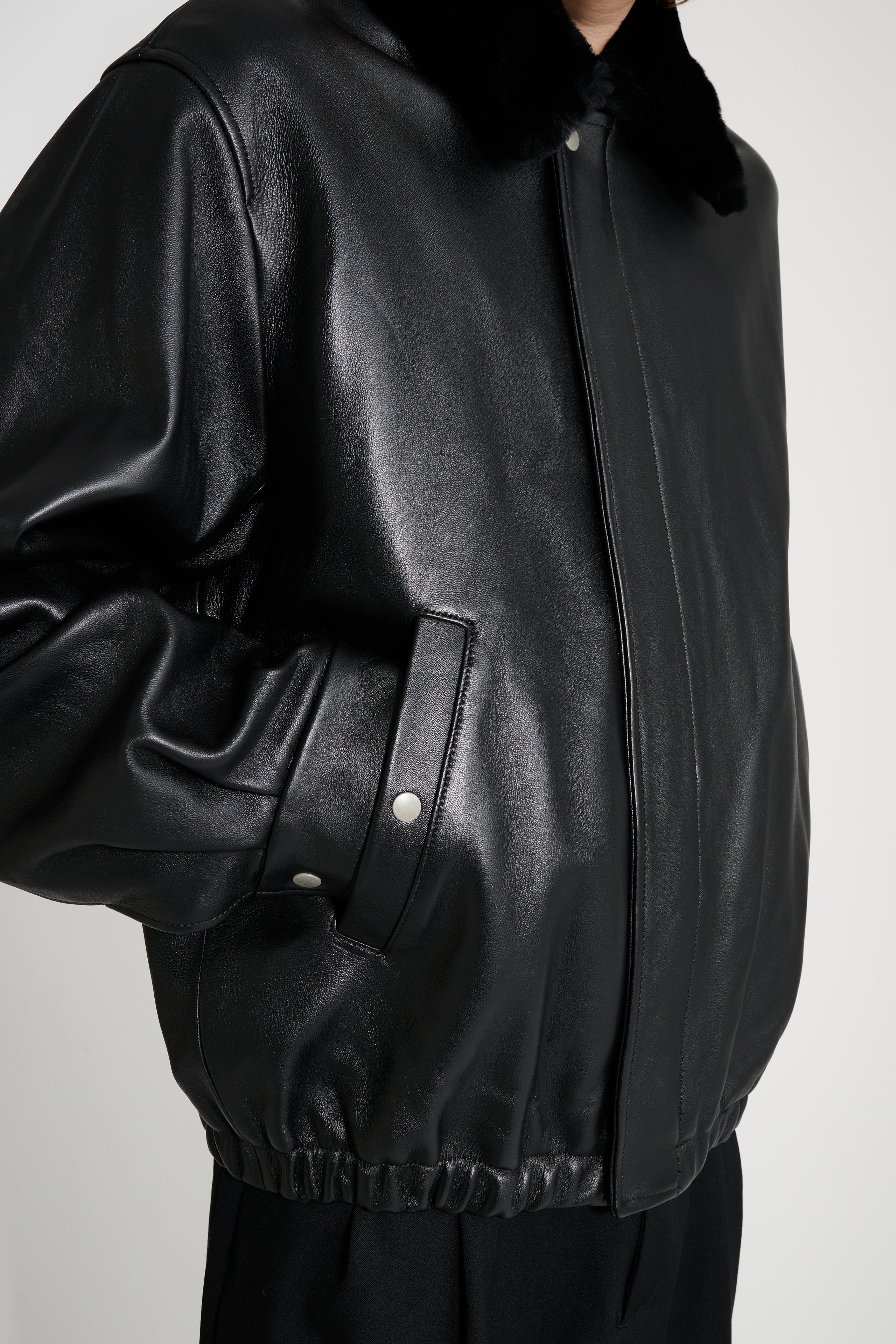 ssstein Mouton Collar Sheep Leather Zip Jacket Black