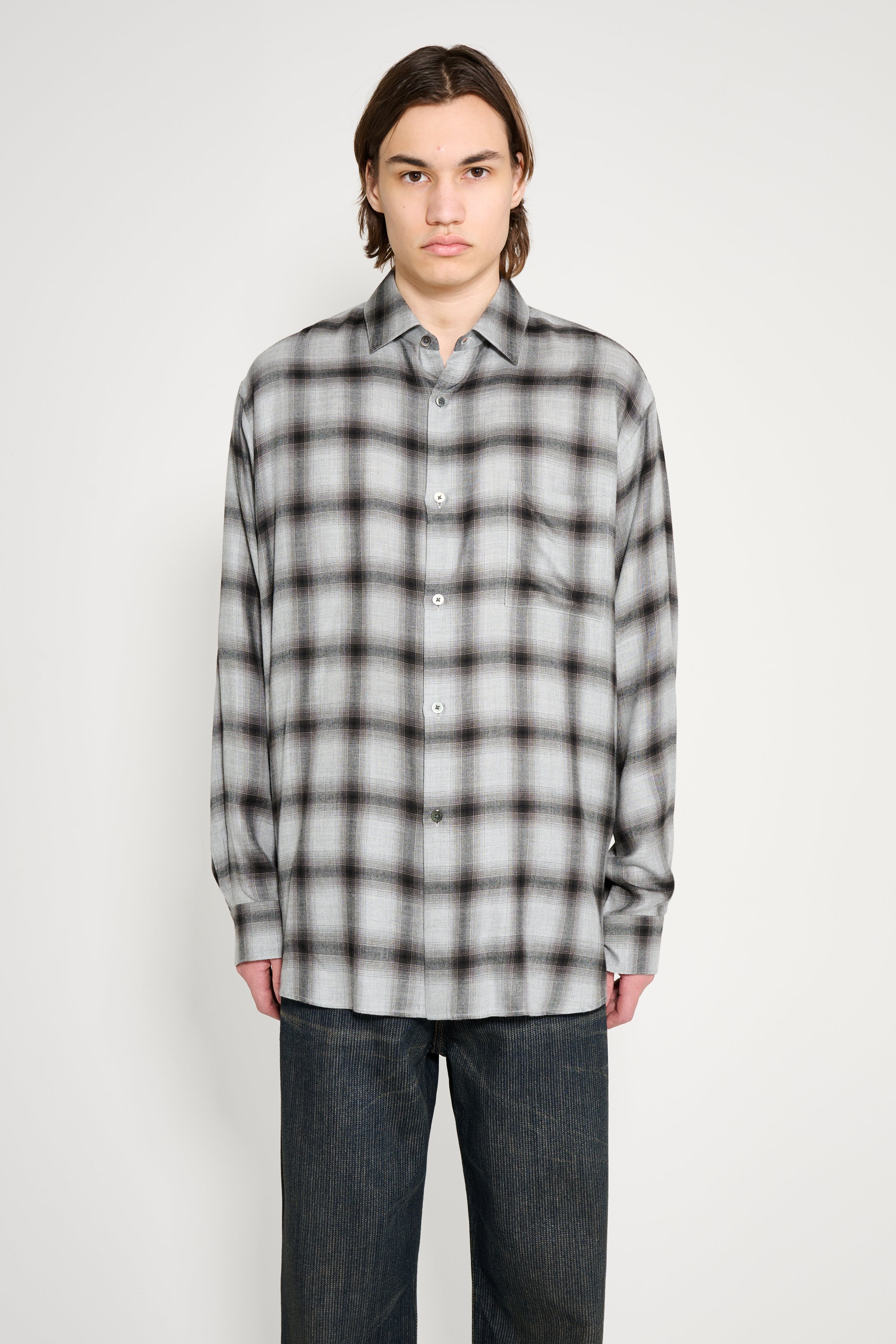 ssstein Rayon / Lyocell Check Oversized Down Pat Shirt Black Ombre