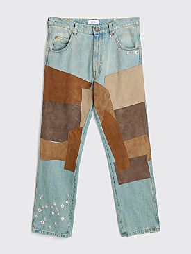 ERL Cropped Leather Patchwork Jeans Light Blue
