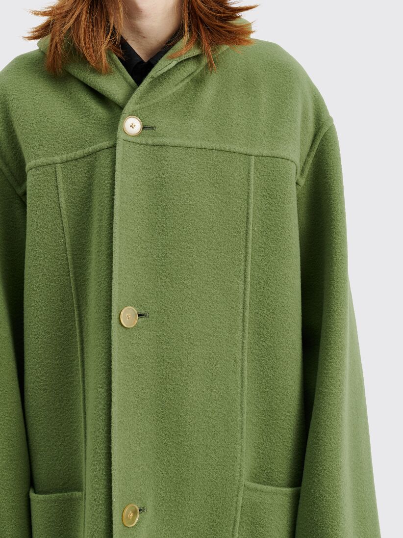 Auralee Hand Sewn Velour Brushed Wool Melton Hooded Coat Sage Green