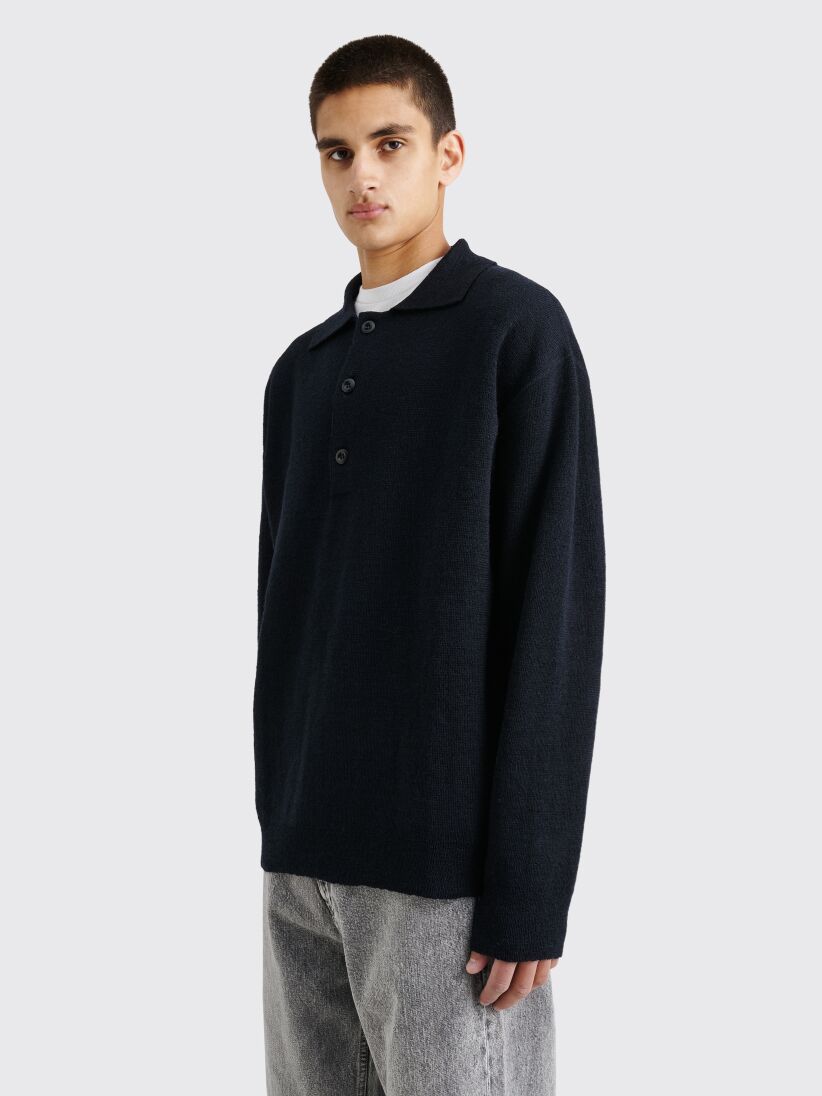 Très Bien - Margaret Howell MHL Oversized Knitted Polo Dry Wool Ink