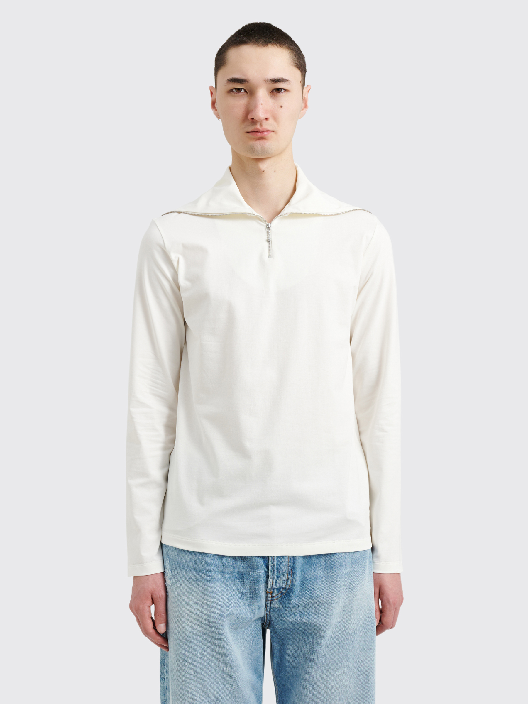 Jil Sander+ Stretch Cotton Jersey Half Zip Long Sleeve T-shirt White